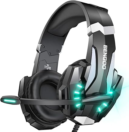 BENGOO G9000 Stereo Gaming Headset for PS5, PS4, PC, Xbox One Controller, Noise Cancelling Over Ear Headphones with Mic, LED Light, Bass Surround, Soft Memory Earmuffs - Purple