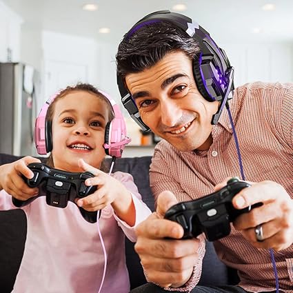 BENGOO G9000 Stereo Gaming Headset for PS5, PS4, PC, Xbox One Controller, Noise Cancelling Over Ear Headphones with Mic, LED Light, Bass Surround, Soft Memory Earmuffs - Purple