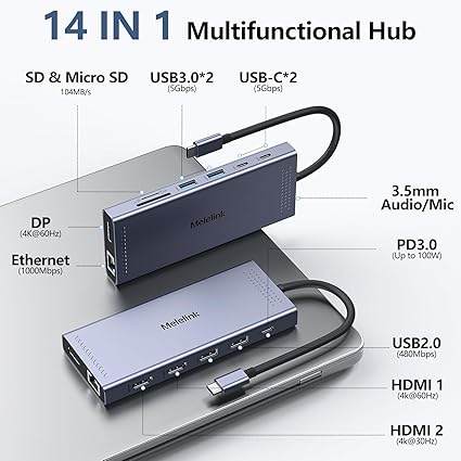 USB C Docking Station Dual Monitor, 14 in 1 Triple Display USB C Hub Multiport Adapter with 2 HDMI 4K,DisplayPort,PD Charging,Ethernet,6 USB C&A Ports,SD/TF, Laptop Docking Station for Dell/HP/Lenovo